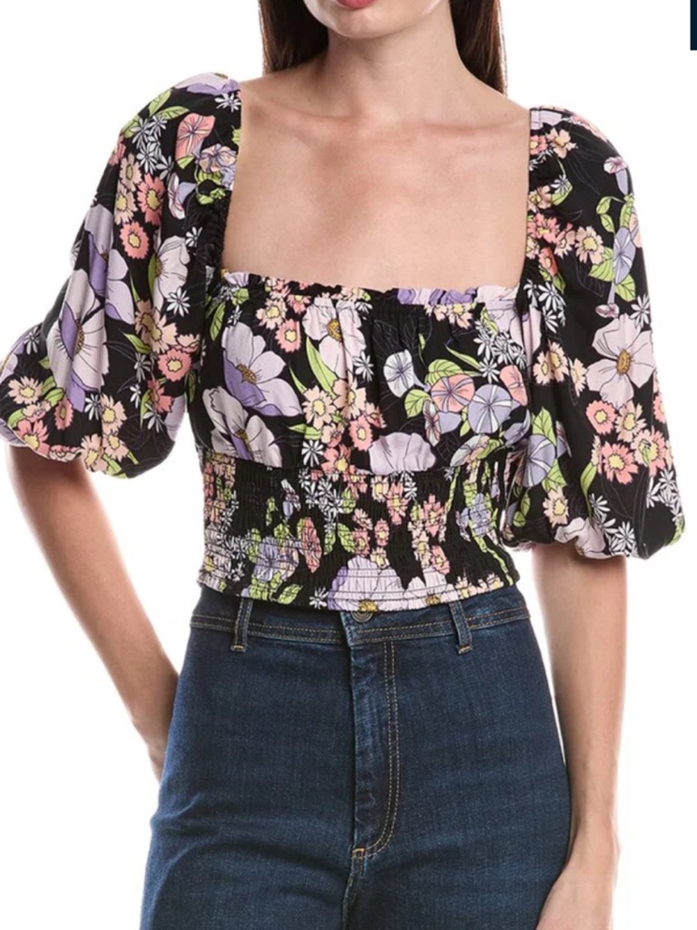 Small AFRM Waverly Black Floral Puff Sleeve Smocked Top